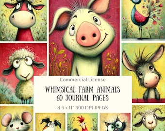 60 Colorful Farm Animal Junk Journals Pages, Whimsical Nursery Art Digital Papers, Scrapbook Supplies, (Digital Download)