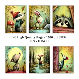 May include: A collection of six whimsical animal illustrations in a forest setting. The artwork features a badger, rabbit, raccoon, wolf, moose, and woodpecker. The text reads "48 High Quality Pages / 300 dpi JPEG 8.5 x 11 INCH".