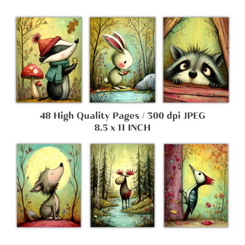 May include: A collection of six whimsical animal illustrations in a forest setting. The artwork features a badger, rabbit, raccoon, wolf, moose, and woodpecker. The text reads "48 High Quality Pages / 300 dpi JPEG 8.5 x 11 INCH".