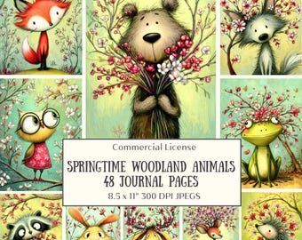 48 Springtime Woodland Animals Junk Journal Pages, Scrapbooking, ATC Cards (Digital Download)