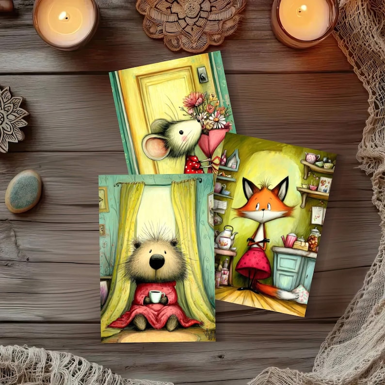 May include: Three whimsical art prints featuring animal characters. One shows a mouse with flowers, another a bear with a cup, and the last a fox in a kitchen. The prints are on a wooden surface with candles.