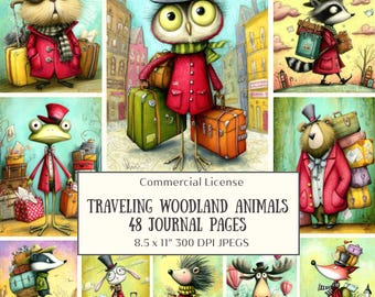 48 Adventurous Woodland Animals Junk Journal Pages • Whimsical Folk Art Creatures on Journeys • Travel Journal Pages | Colorful Scrapbooking