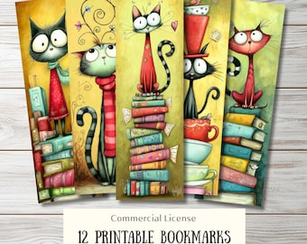 12 Whimsical Cat Printable Bookmarks, Storybook Style Reading Crafts (Digital Download)