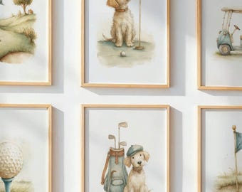 Vintage Golf Nursery Prints Set of 6, Golden Retriever Puppy Wall Art Boys Room, Digital Watercolor Sports Playroom Decor, Print 5 Sizes