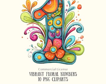10 Floral Numbers Clipart PNG Set, Colorful printable Files for Paper Crafts, Watercolor Numbers for Nursery, Greeting Cards or Wall Art