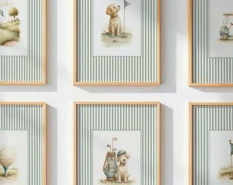 Vintage Golf Nursery Prints Set of 6 – Sage Green Sports Wall Art for Boys Room – Watercolor Kids Golf Decor –  (Digital Download)