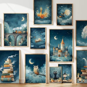 May include: A collection of framed art prints with a whimsical, fantasy theme. The prints feature illustrations of a train on a bridge, a phoenix, a witch on a broom, a castle, an owl, a black cat, and a stack of books, all set against a night sky.