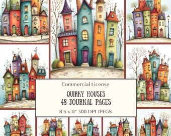 48 Quirky Houses Junk Journal Pages, Whimsical Cottage Pages Ephemera, Printable Fantasy Home Scrapbook Paper Bundle, Colorful Storybook Art