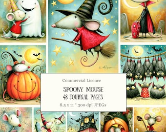 48 Whimsical Spooky Mice Halloween Junk Journal Pages • Cute Mouse Witches Vampires Pumpkins • Autumn Scrapbooking & Ephemera Kit