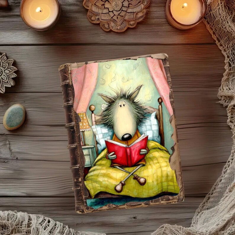 May include: A vintage-style book with a whimsical illustration of a wolf reading in bed. The wolf is under a yellow blanket, holding a red book. The book has a distressed, aged appearance, with a wooden background and candles.
