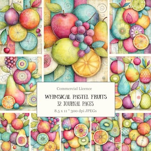 May include: A collection of watercolor-style fruit illustrations featuring apples, pears, grapes, and citrus slices in pastel tones. A central white rectangular label displays the text: Commercial Licence WHIMSICAL PASTEL FRUITS 32 JOURNAL PAGES 8.5 x 11 300 dpi JPEGs.