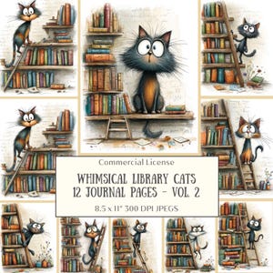 Può includere: Un collage di illustrazioni stravaganti con gatti dei cartoni animati in un ambiente di biblioteca. I gatti hanno occhi espressivi e interagiscono con scaffali e scale. L'immagine include il testo "WHIMSICAL LIBRARY CATS 12 JOURNAL PAGES - VOL. 2".
