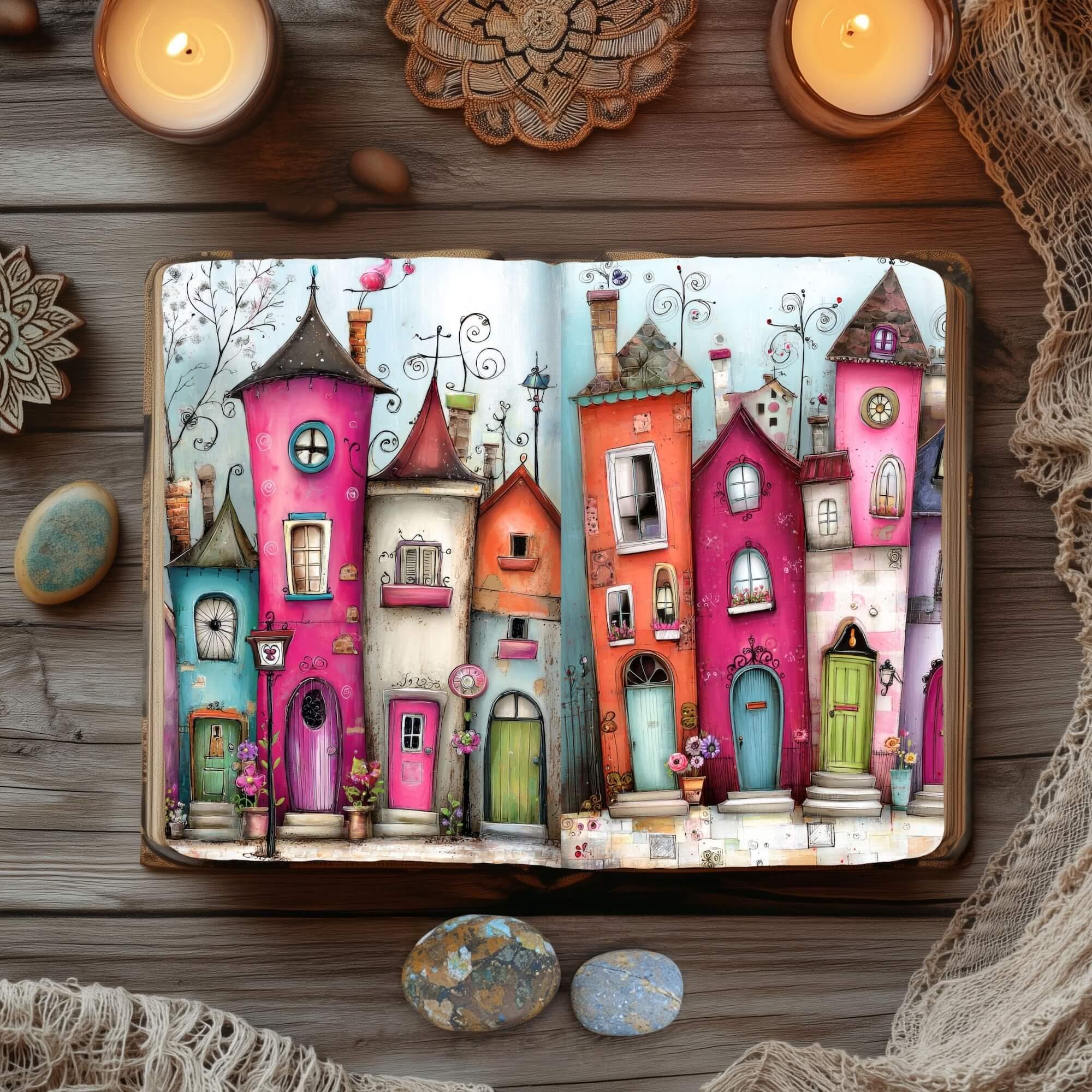 48 Whimsical Vibrant Houses Junk Journal Pages, Pink Shabby Chic ...