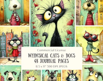 48 Whimsical Cats & Dogs Junk Journals Pages, Colorful Nursery Wall Art, Digital Papers, Scrapbook Supplies, ATC Cards (Digital Download)