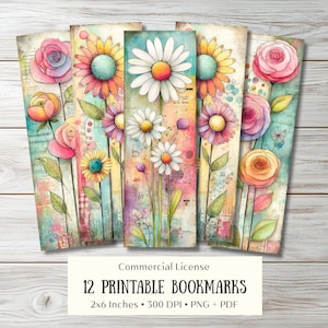 May include: A collection of 12 printable bookmarks featuring watercolor floral designs. Each bookmark showcases a different flower, including roses, daisies, and sunflowers, in vibrant colors. The bookmarks are 2x6 inches in size and are labeled with "Commercial License".