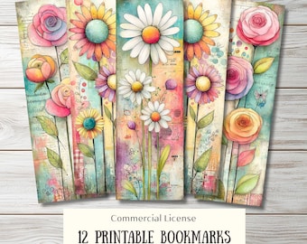 12 Pastel Spring Flowers Printable Bookmarks PNG PDF – Floral Book Marks, Cottagecore Reading Accessories, Vintage Botanical Bookmarks Gift