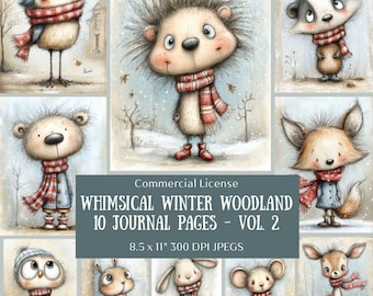 10 Whimsical Winter Woodland Animals Junk Journal Pages, Vol. 2 (Digital Download)