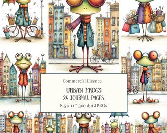24 Urban Frogs in City Chic Junk Journal Pages • Whimsical Anthropomorphic Frogs • Autumn Storybook Digital Papers for Scrapbooking
