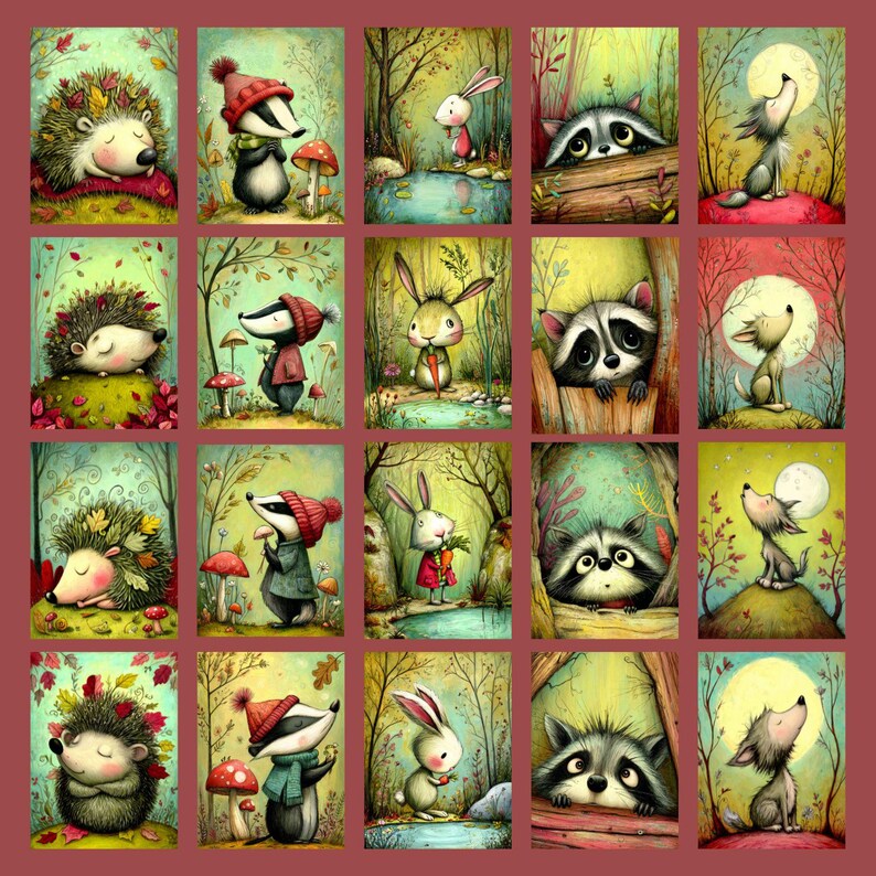 May include: A collection of 20 whimsical illustrations featuring woodland animals. Each image showcases a different animal, including hedgehogs, badgers, rabbits, raccoons, and wolves, in a forest setting. The artwork is rendered in a soft, colorful style with a focus on nature.