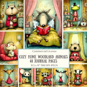 May include: A collection of whimsical illustrations featuring anthropomorphic woodland animals in cozy home settings. The images include a wolf reading a book, a frog with an umbrella, and a squirrel with a cup. The text reads "COZY HOME WOODLAND ANIMALS 48 JOURNAL PAGES 8.5 x 11" 300 DPI JPEGS."