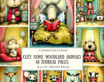 48 Cozy Woodland Animals Journal Pages – Whimsical Folk Art Interiors – Hedgehog, Raccoon, Moose – Cozy Storybook Art – Digital Download