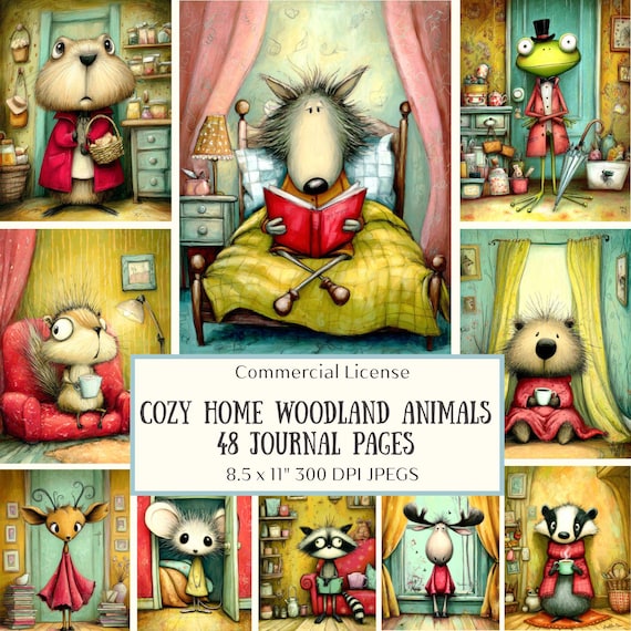 48 Cozy Woodland Animals Journal Pages – Whimsical Folk Art Interiors – Hedgehog, Raccoon, Moose – Cozy Storybook Art – Digital Download