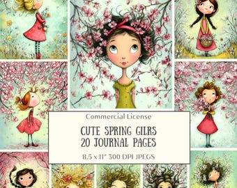 20 Cute Spring Girls Junk Journal Pages, Whimsical Girl Clipart, Cherry Blossom Journal, Printable  Spring Scrapbook Paper, Digital Download