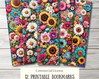 12 Vibrant Flower Printable Bookmarks PNG PDF – Sunflowers Daisies Garden Blooms, Floral Gift, Scrapbooking, Junk Journal, Digital Download