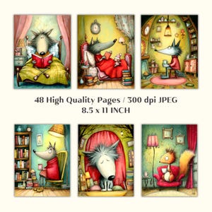 May include: A set of six whimsical art prints featuring anthropomorphic wolves in cozy settings. Each print showcases a wolf reading, drinking tea, or relaxing in a room with books and warm lighting. The prints are 8.5 x 11 inches.