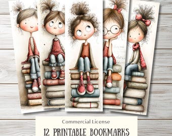12 Whimsical Girls Printable Bookmarks PNG PDF • Cottagecore Reading Charms | Cozy Book Lover Gift | Polka Dot Pattern | Cute Vintage Style