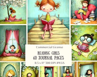 60 Whimsical Storybook Reading Girls Journal Pages, Scrapbooking Paper Pack (Digital Download)