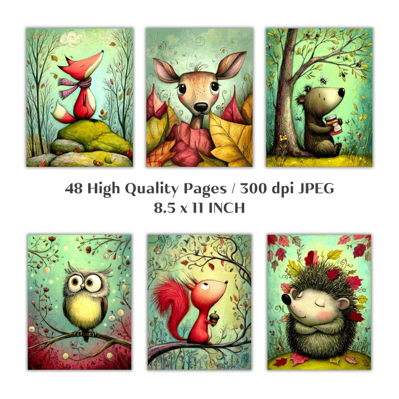 May include: A collection of six whimsical art prints featuring woodland animals. Each print showcases a different animal, including a fox, deer, bear, owl, squirrel, and hedgehog, in a colorful, illustrated style. The prints are 8.5 x 11 inches.