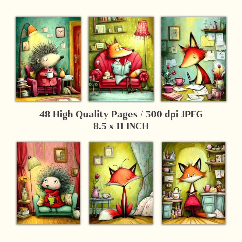 May include: Six whimsical art prints featuring anthropomorphic animals in cozy settings. The prints showcase a hedgehog and foxes in various scenes, such as reading, drinking tea, and writing. The text on the image reads "48 High Quality Pages / 300 dpi JPEG 8.5 x 11 INCH".