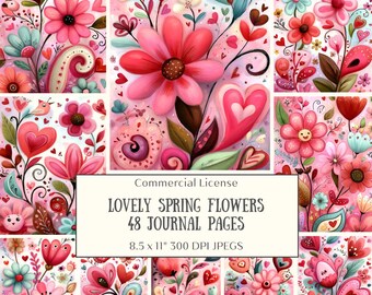 48 Spring Flowers Junk Journal Pages, Acrylic Floral Boho Scrapbook Paper Pack (Digital Download)