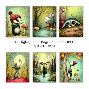 May include: Set of six whimsical art prints featuring woodland creatures. Each print showcases a different animal, including a badger, rabbit, raccoon, wolf, moose, and woodpecker, in a colorful forest setting. The prints are 8.5 x 11 inches and have 48 high-quality pages.