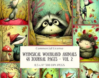 48 Whimsical Woodland Animals Journal Pages, Storybook Printable, Fairytale Junk Journal Kit, Folk Art Scrapbook, Digital Download Vol 2