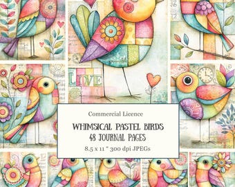 48 Patchwork Pastel Birds Junk Journal Pages • Folkloric Bird Art for Spring Journals & Cottagecore DIY Projects