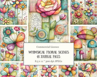 48 Whimsical Floral & Nature Junk Journal Pages • Playful Spring Flowers and Fantasy Motifs for Scrapbooking and Creative Journaling