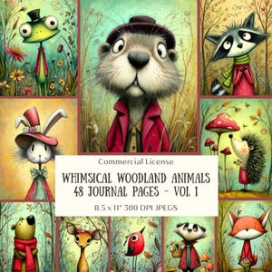 48 Whimsical Woodland Animals Journal Pages, Storybook Printable, Fairytale Junk Journal Kit, Folk Art Scrapbook, Digital Download Vol 1