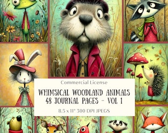 48 Whimsical Woodland Animals Journal Pages, Storybook Printable, Fairytale Junk Journal Kit, Folk Art Scrapbook, Digital Download Vol 1