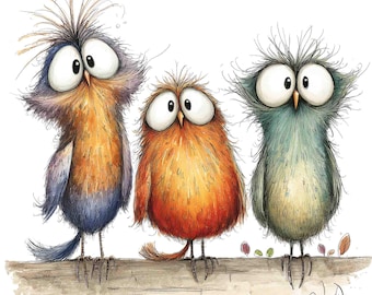 12 Whimsical Bird Trio Clipart PNG Transparent Background – Junk Journal, Scrapbooking, Watercolor Birds, Mixed Media, Digital Download
