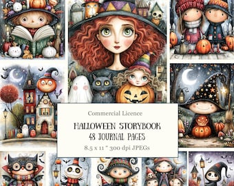 48 Whimsical Halloween Storybook Junk Journal Pages  •  Whimsical Witches, Black Cats & Pumpkins  •  Autumn Magic Scrapbooking Kit
