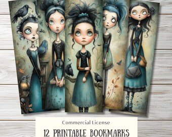 12 Whimsical Gothic Girls Printable Bookmarks PNG PDF • Vintage Storybook Style | Halloween Gifts | Stylized Characters | Atmospheric Design