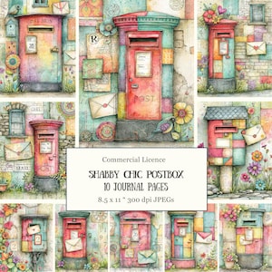 May include: A collection of ten watercolor-style illustrations featuring various postboxes in shades of red, blue, and yellow, decorated with floral elements, envelopes, and brick textures, with text reading Commercial Licence SHABBY CHIC POSTBOX.