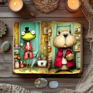 May include: An open book illustration featuring anthropomorphic animals. A frog in a top hat and red coat stands by a door, while a furry creature in a red coat holds a basket. The scene is set in a whimsical, detailed environment with candles and decorative elements.
