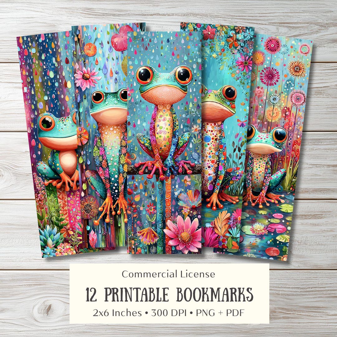 12 Printable Vibrant Frog Bookmarks PNG PDF – Colorful Rainbow Frogs ...