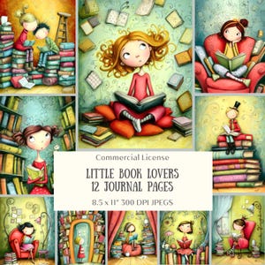 May include: A collage of whimsical illustrations featuring children reading books. The images include stacks of books, children sitting on books, and reading in armchairs. The text "LITTLE BOOK LOVERS 12 JOURNAL PAGES 8.5 x 11" 300 DPI JPEGS" is also visible.