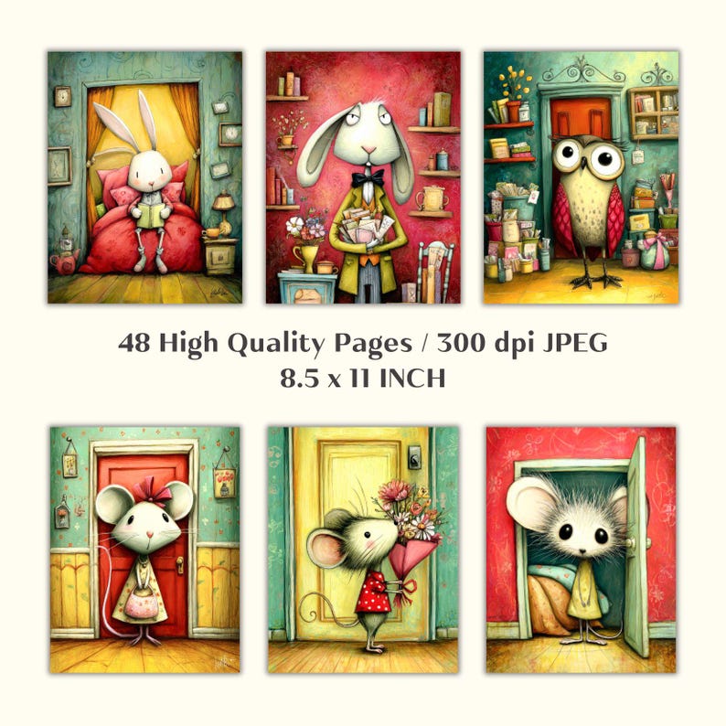 May include: A set of six whimsical art prints featuring anthropomorphic animals in colorful settings. The prints include a rabbit, owl, and mice, each posed in doorways or rooms. The text "48 High Quality Pages / 300 dpi JPEG 8.5 x 11 INCH" is displayed.