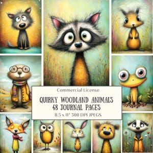 Può includere: Una collezione di illustrazioni stravaganti di animali del bosco, tra cui un procione, uno scoiattolo e una rana. L'opera presenta vari animali con occhi espressivi e morbida pelliccia. Il testo recita "Quirky Woodland Animals, 48 Journal Pages, 21.6 x 27.9 cm 300 DPI JPEGS."