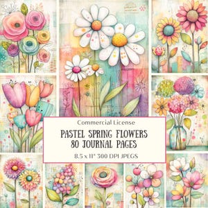 Puede incluir: Ilustraciones florales en tonos pastel, con margaritas, tulipanes y rosas, en estilo acuarela. La imagen incluye el texto "PASTEL SPRING FLOWERS 80 JOURNAL PAGES 8.5 x 11" 300 DPI JPEGS".